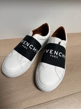 Givenchy White Leather Slip-On Sneakers with Black Logo Strap